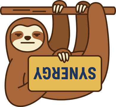Sloth holding synergy sign vector illustration | Sarcastic office humor sticker for workplace decor