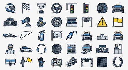 Dynamic Racing and Motorsport Icons Collection Featuring 40 Illustrated Elements in Blue Gray and Yellow © evane