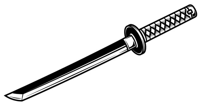 Vector illustration of black and white illustration of a traditional japanese katana sword on a transparent background