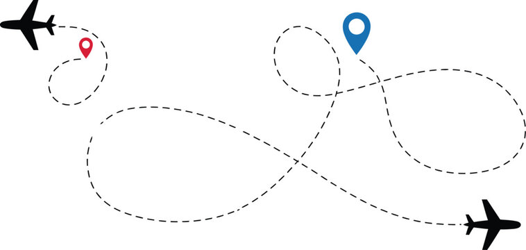Airplane, travel routes, with location pins and dashed lines for navigation, tourism, trip planning, and transportation concepts.
