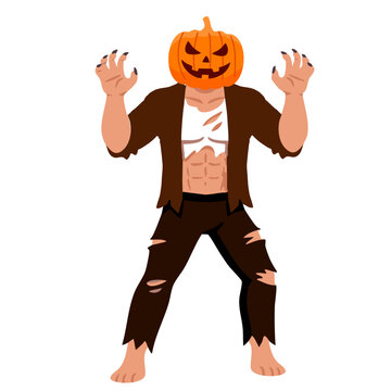 pumpkin head man wearing torn brown clothes halloween day