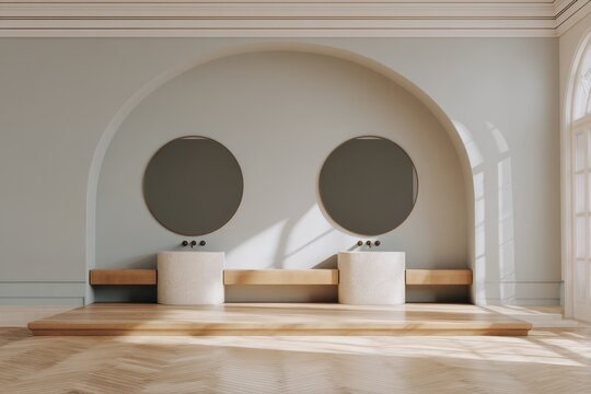 Modern bathroom with twin sinks and circular mirrors under an arch.