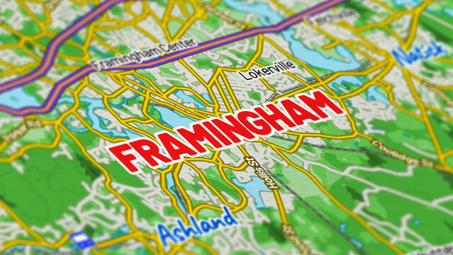Macro View of Framingham Massachusetts Map Showing Detailed Streets, Roads, and Geographic Layout