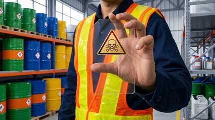 Fototapeta premium Industrial warehouse worker holds a transparent sign with a toxic hazard warning symbol while standing in front of colorful chemical storage barrels