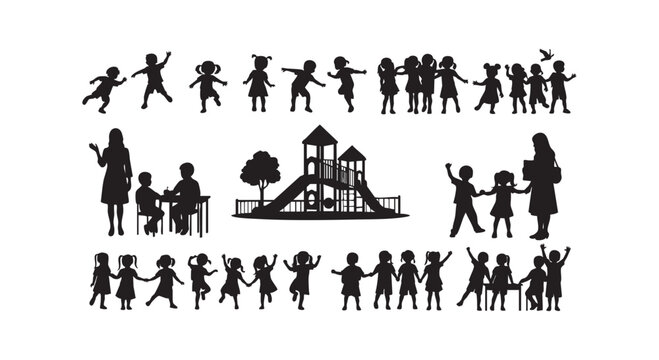 Children playing outdoors, teacher teaching, kids holding hands, and adults supervising in a comprehensive set.