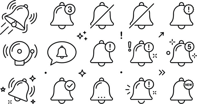 Notification bell vector line art set with mute alert ring badge reminder message outline icons for UI design