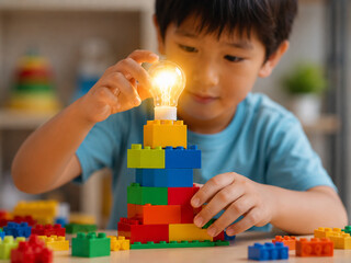 Fototapeta premium Young Child Building Colorful Blocks with a Glowing Light Bulb for Creative Thinking