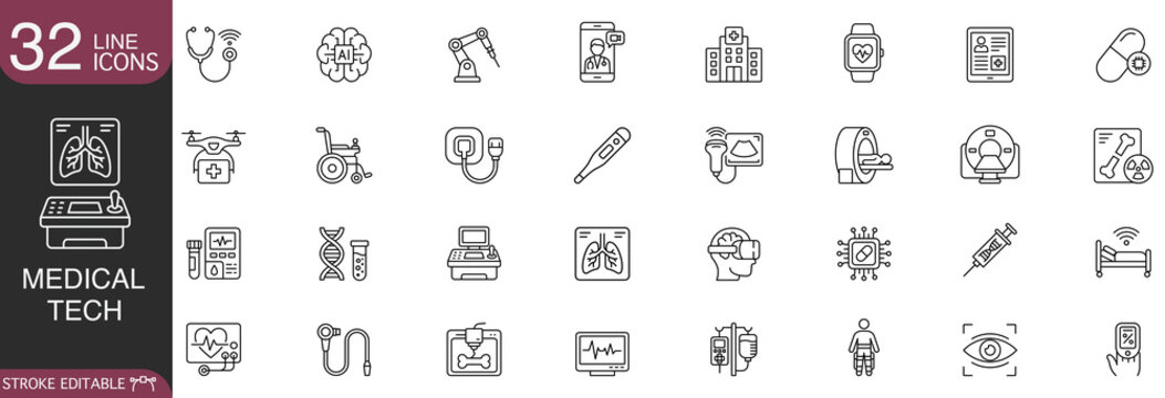 Medical technology and digital healthcare line icon vector set, featuring concepts of telemedicine, robotic surgery, AI diagnostics, smart hospital equipment, and biotech with editable stroke.