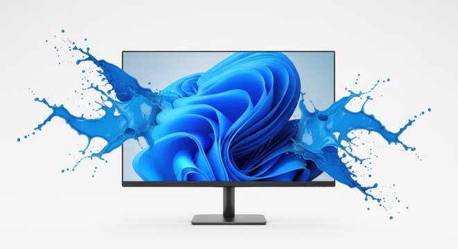 Computer monitor with blue water splash on screen