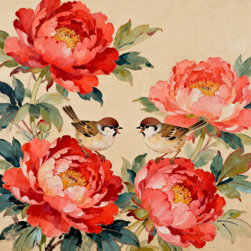 Chinese Impasto Oil Painting of Red Peonies and Two Sparrows on Vintage Rice Paper Background