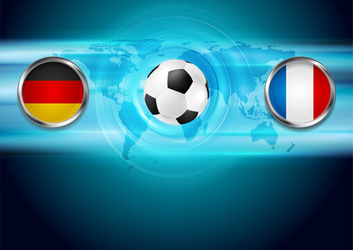 Germany vs France soccer broadcast graphics on futuristic blue world map background