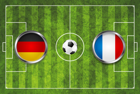 Germany versus France football match graphic with national flags, soccer ball and green field background. Realistic sports broadcast template suitable for scoreboards