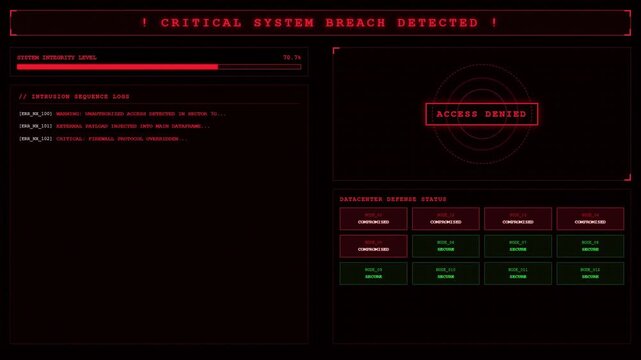 Critical System Breach Access Denied Hacking Alert Animation Red Screen.