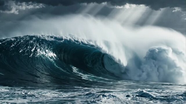 Massive Ocean Wave Breaking Under Dramatic Stormy Sky with Sunbeams
