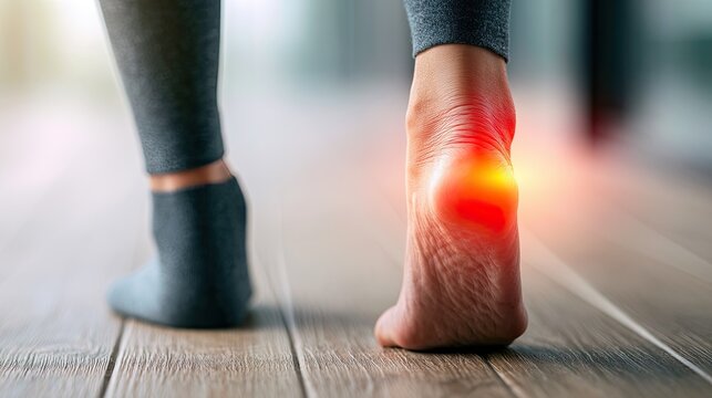 A close-up of a person's heel with a glowing red inflammation highlighting pain