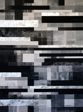 Abstract black and white collage with geometric patterns and textures, phlegmatic composure  