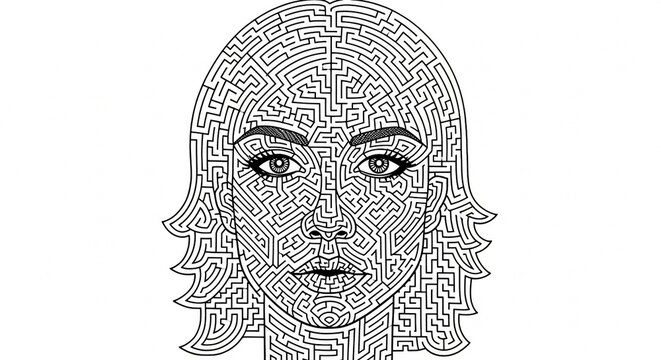 Intricate maze pattern designed as stylized human face portrait