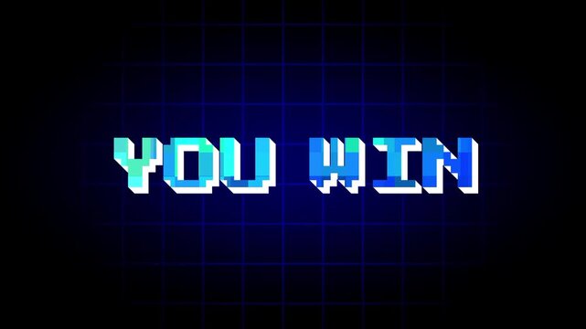 A glowing blue pixel font text displaying YOU WIN in a retro arcade game style on a dark background
