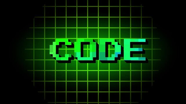 A bright green pixel font text displaying CODE on a dark glowing grid background in retro digital style