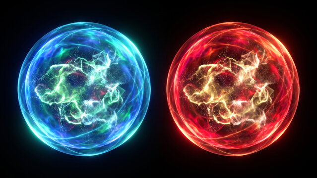 ボリュメトリックレンダリング風の黒背景でファゴソームとの融合を待つリソソームを描いた抽象的な医療CG画像