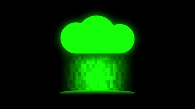 A bright green glowing pixel art mushroom cloud explosion icon on a dark black digital background