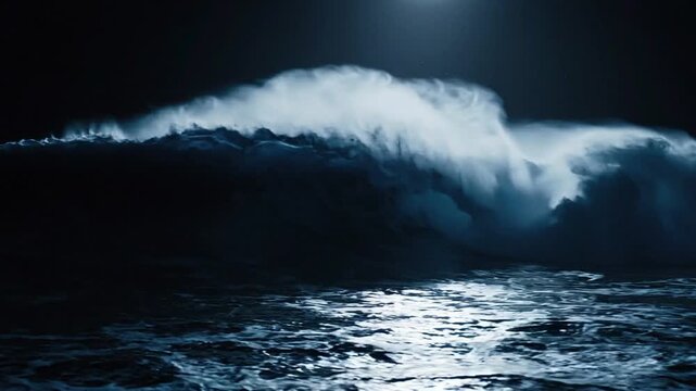 Dramatic Ocean Wave Breaking at Night Under Moonlight
