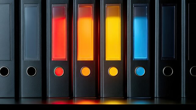 Row of black binders with colorful spines illuminated from within