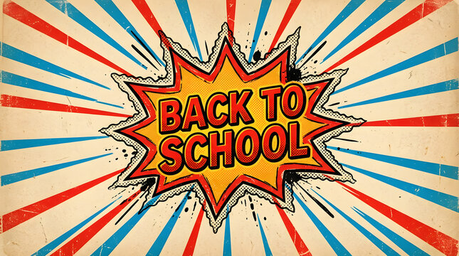 Vibrant back to school poster with red, blue, and yellow comic explosion