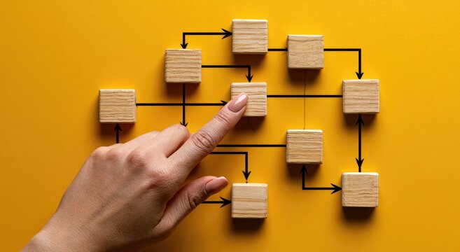 Finger interacting with wooden blocks arranged in a flow chart on yellow background
