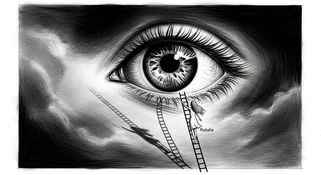 Surreal artistic eye with ladder and name illustration