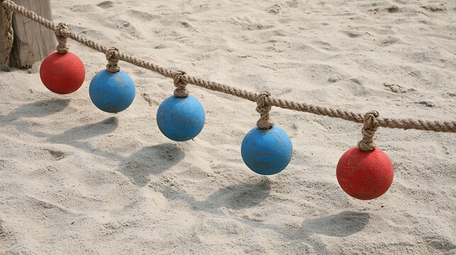 Colored sensory balls hanging from a rope over a sandpit at a playground