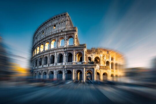 Ancient Roman amphitheater bathed in warm sunlight with blurred motion.