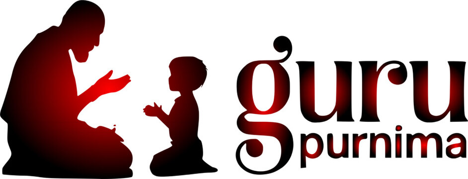 Guru Purnima traditional festival greeting card design featuring creative elegant typography lettering layout alongside silhouettes of a kneeling child student praying with folded hands before 
