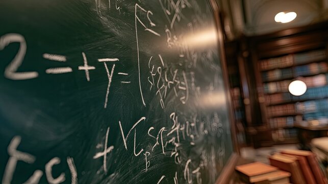 Chalkboard covered in complex math equations, with library bookshelves blurred behind