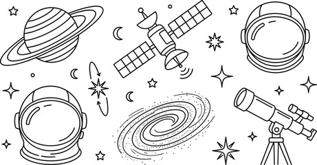 Space exploration vector line art set with planet satellite astronaut helmet telescope galaxy outline icons for astronomy design © MdShakib