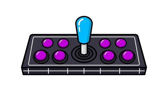 Arcade controller with blue joystick and purple buttons