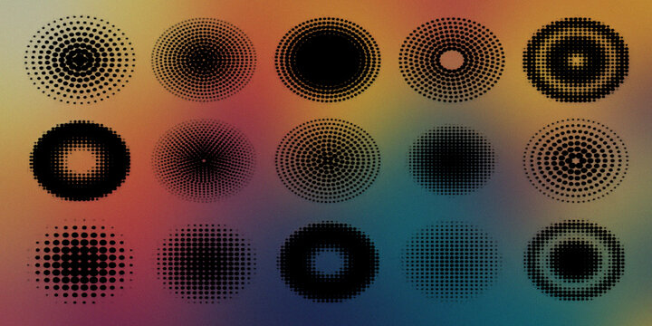 Set of halftone dot patterns with various radial gradients on a colorful textured background.