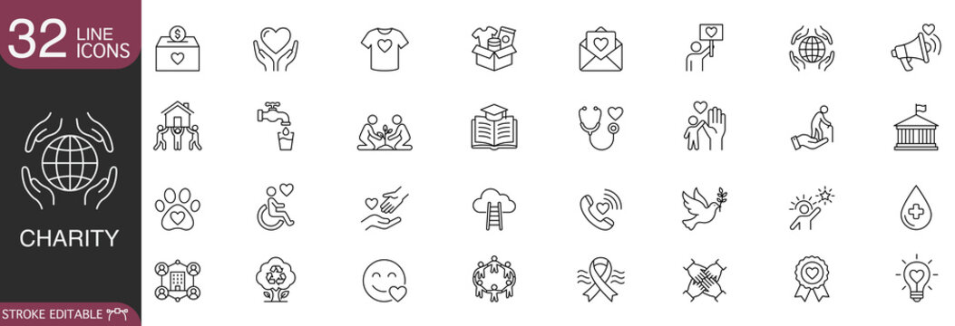 Charity and humanitarian donation line icon vector set, featuring concepts of volunteering, nonprofit organization support, community care, philanthropy, and global aid with editable stroke.