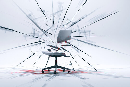 Broken office chair surrounded by sharp geometric shapes and lines,  workplace stress and toxicity symbolism  
