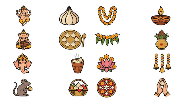 Ganesh Chaturthi Icons: Lord Ganesha, Modak, Diya, Kalash, Lotus, Mouse