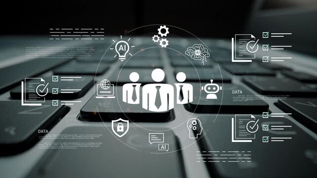 Professional team collaboration concept with artificial intelligence, data analysis, and modern technology symbols overlaid on laptop keyboard Gluon.