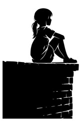 Black vector silhouette of a young girl with a ponytail sitting alone on a brick wall, looking away thoughtfully.
