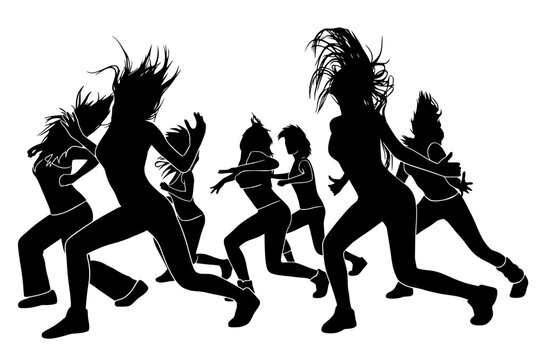 Silhouette of energetic group of dancers with wild flying hair in dynamic poses, bold black minimalist illustration perfect for music, party, fitness, and dance event themes.