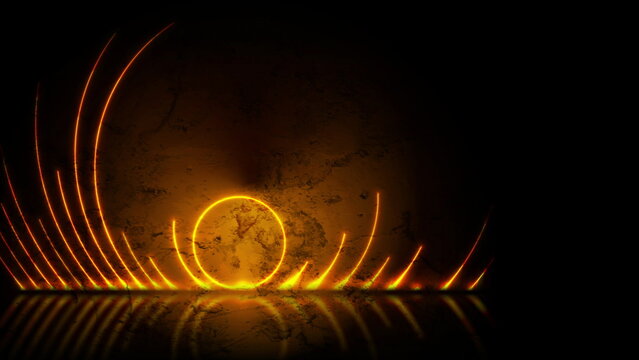 Neon circle and arcs on grunge wall background abstract retro futuristic design
