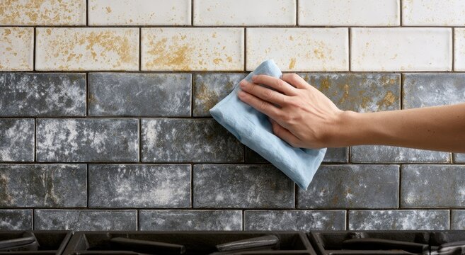 Hand wipes textured, varied-color subway tile backsplash above a stovetop