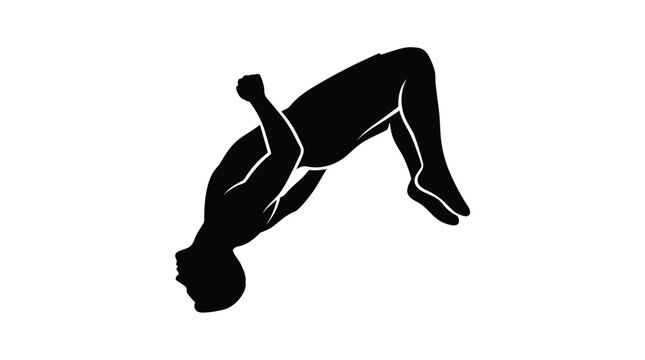 Minimalist black vector illustration featuring a male athlete performing a dynamic backflip in mid air motion