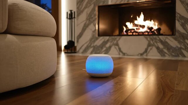 Glowing blue smart speaker on hardwood floor in cozy living room with burning fireplace