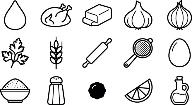 Chicken baking recipe cooking ingredients line art vector icons for restaurant culinary menu cookbook packaging design ui.