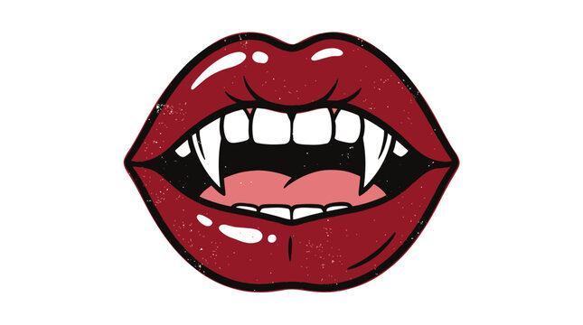 Stylized vector illustration of dark red vampire lips with sharp white fangs and glossy texture