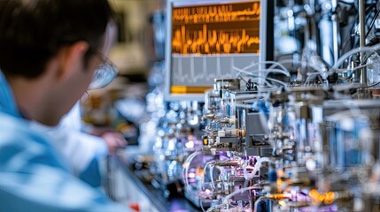 Obraz premium Person in lab coat examines complex machinery with glowing components & screen